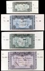 1937. Bilbao. 5, 50, 100 y 1000 pesetas. (Ed. C36b, C40c, C41a y NE27c). 1 de enero. Lote de 4 billetes con diferentes antefirmas, sin numeración y co...