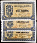 1937. Gijón. 100 pesetas. (Ed. C50 y C50a var). Lote de 3 billetes, uno de ellos sin numeración. MBC-/MBC+.