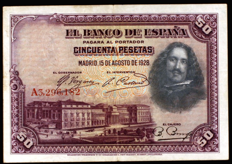 1928. 50 pesetas. (Ed. D8). 15 de agosto, Velázquez. Serie A. Con sello en seco ...