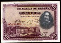 1928. 50 pesetas. (Ed. D8). 15 de agosto, Velázquez. Serie A. Con sello en seco del ESTADO ESPAÑOL-BURGOS. MBC-.