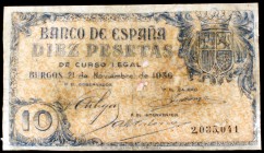 1936. Burgos. 10 pesetas. (Ed. D19). 21 de noviembre. Restaurado y plastificado. Raro. (BC).