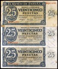 1936. Burgos. 25 pesetas. (Ed. D20a). 21 de noviembre. Lote de 3 billetes serie R (dos) y S. BC+/MBC+.