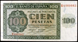 1936. Burgos. 100 pesetas. (Ed. D22a). 21 de noviembre. Serie X. Leve doblez. EBC-.