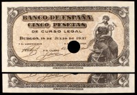 1937. Burgos. 5 pesetas. (Ed. D25a var.). 18 de Julio. Pareja, serie C. Un taladro. Dos perforaciones de grapa. Sin numeración. S/C-.
