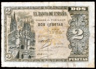 1937. Burgos. 2 pesetas. (Ed. D27). 12 de octubre. Serie A. Raro. BC.