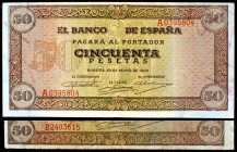 1938. Burgos. 50 pesetas. (Ed. D32 y D32a). 20 de mayo. Lote de 2 billetes series A y B. BC+/MBC-.