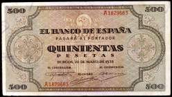 1938. Burgos. 500 pesetas. (ed. D34). 20 de mayo. Dobleces. Raro. MBC-.
