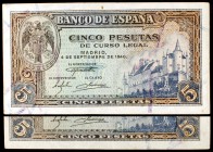 1940. 5 pesetas. (Ed. D43a). 4 de septiembre, Alcázar de Segovia. 2 billetes, series A y K. MBC+.