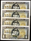 1940. 1 peseta. (Ed. D43a). 4 de septiembre, Santa María. 4 billetes, serie I, incluye una pareja impar. EBC+/S/C-.