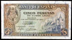 1940. 5 pesetas. (Ed. D44a). 4 de septiembre, Alcázar de Segovia. Serie J. S/C-.