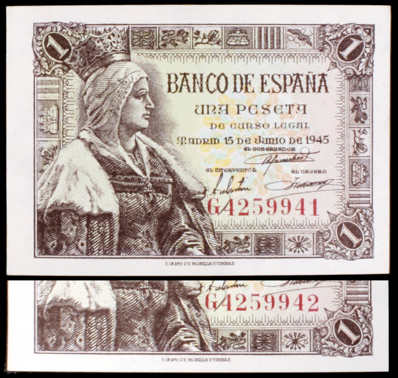 1945. 1 peseta. (Ed. D49a). 15 de junio, Isabel la Católica. Pareja correlativa,...