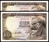 1946. 100 pesetas. (Ed. D52). 19 de febrero, Goya. Pareja correlativa, sin serie, con leve doblez. (EBC+).