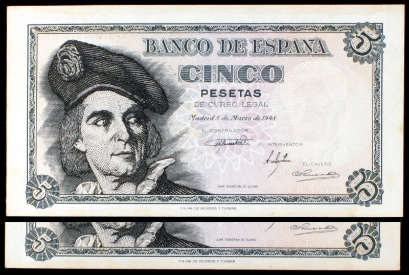 1948. 5 pesetas. (Ed. D56a). 5 de marzo, Elcano. Pareja correlativa, serie D. S/...
