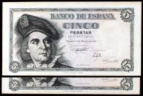 1948. 5 pesetas. (Ed. D56a). 5 de marzo, Elcano. Pareja correlativa, serie D. S/C-.