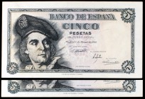 1948. 5 pesetas. (Ed. D56 y D56a). 5 de marzo. Lote de 2 billetes sin serie y serie B. EBC+/S/C-.