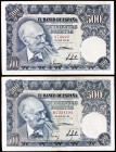 1951. 500 pesetas. (Ed. D61 y D61a). 15 de noviembre, Benlliure. Lote de 2 billetes, sin serie y serie B. MBC-/EBC-.