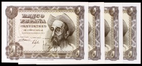 1951. 1 peseta. (Ed. D62a). 19 de noviembre, Don Quijote. Lote de 4 billetes correlativos, serie J. S/C-.