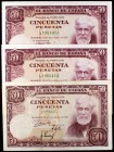 1951. 50 pesetas. (Ed. D63 y D63a). 31 de diciembre, Rusiñol. Lote de 3 billetes, sin serie y pareja correlativa serie A. Escasos. MBC-/S/C-.