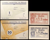 Premià. 5, 25, 50 céntimos y 1 peseta. (T. 2309, 2310, 2311a y 2312d). 4 billetes, todos los de la localidad. EBC+.