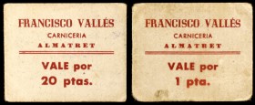 Almatret. Carnicaría Francisco Vallés. 1 y 20 pesetas. (AL. falta). 2 Cartones. Postguerra. MBC/ MBC+.