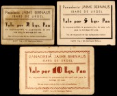 Ivars d'Urgell. Panadería Jaime Bernaus. Vale por 2, 5 y 10 Kilos de pan. (AL. 3353 a 3355). 3 Cartones, serie completa. Raros. MBC-/MBC+.