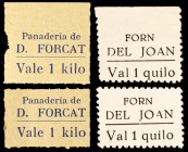 (Tartareu. Les Avellanes). (AL. 3289 y 3290). 4 vales de 1 kilo, 2 del Forn del Joan y 2 de la panadería D. Forcat. Guerra Civil. Raros. EBC.