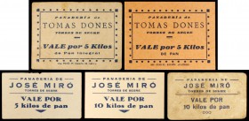 Torres de Segre. Panadería José Miró. Vale por 5 kilos (tres) y 10 kilos (dos). (AL. 3229, 3532, 3535 y 3537 (2)). 5 cartones. MBC-/EBC.