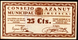 Azanuy (Huesca). 25 céntimos. (KG. 115) (T. 70). Nº 0084. Raro. EBC-.