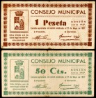 Monzón (Huesca). 50 céntimos y 1 peseta. (KG. 510) (T. 284 y 285). Junio. Lote de 2 billetes. MBC-.