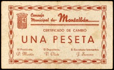 Montalbán (Teruel). 1 peseta. (KG. 503a). Serie B. MBC-.
