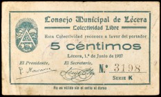 Lécera (Zaragoza). Colectividad Libre. 5 céntimos. (KG. 445) Raro. MBC-.