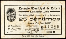 Lécera (Zaragoza). Colectividad Libre. 25 céntimos. (KG. 445). Manchitas. Escaso. MBC-.