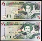 s/d (1993). Estados Caribeños del Este. Eastern Caribbean Central Bank. 5 dólares. (Pick 26). Isabel II. Lote de 2 billetes. S/C.