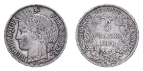 FRANCIA REPUBBLICA 5 FRANCS 1870 A AG. 24,70 GR. BB
