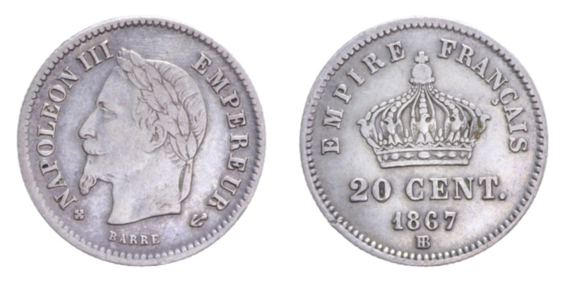 FRANCIA NAPOLEONE III 20 CENT. 1867 AG. 0,98 GR. BB+