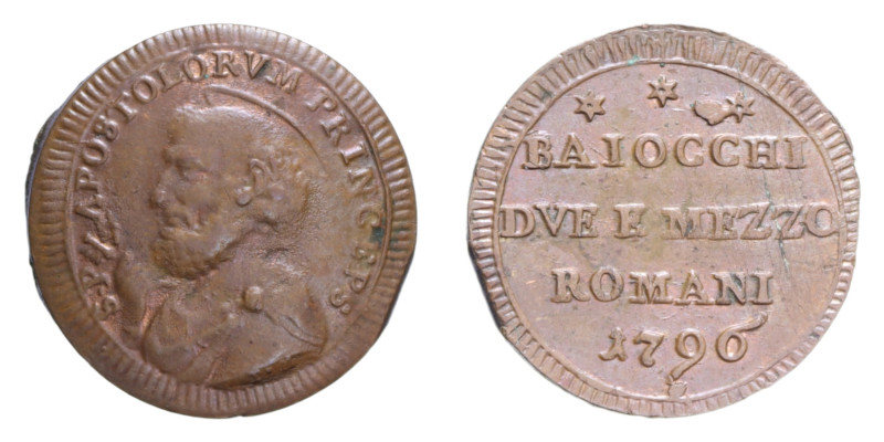 ROMA PIO VI (1775-1799) BAIOCCHI DUE E MEZZO 1796 SAMPIETRINO CU. 17,37 GR. SPL