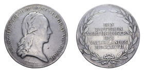 MEDAGLIA AUSTRIA FRANCESCO II 1797 AL MERITO CHIAMATA ALLE ARMI IN TIROLO RR AG. 16,59 GR. 39 MM. qBB (COLPI)
