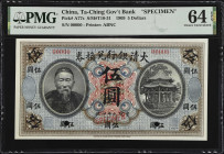 (t) CHINA--EMPIRE. Ta-Ching Government Bank. 5 Dollars, 1909. P-A77s. Specimen. PMG Choice Uncirculated 64 EPQ.
(S/M #T10-31) Printed by ABNC. Specim...