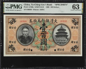 (t) CHINA--EMPIRE. Ta-Ching Government Bank. 100 Dollars, 1909. P-A78Bs. Specimen. PMG Choice Uncirculated 63.
(S/M#T10-34). Printed by ABNC. This ex...