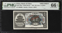 CHINA--REPUBLIC. Bank of China. 20 Cents = 2 Chiao, 1918. P-49as. Specimen. PMG Gem Uncirculated 66 EPQ.
(S/M#C294-94). Harbin. Printed by ABNC. Spec...