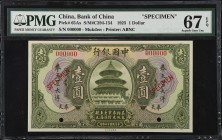 (t) CHINA--REPUBLIC. Bank of China. 1 Dollar, 1925. P-65As. Specimen. PMG Superb Gem Uncirculated 67 EPQ.
(S/M#C294-154). Printed by ABNC. Mukden. Re...