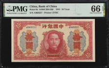 (t) CHINA--REPUBLIC. Bank of China. 10 Yuan, 1941. P-95. PMG Gem Uncirculated 66 EPQ.
(S/M#C294-263). Printed by DTBC. Gem.
Estimate: $500.00- $1000...