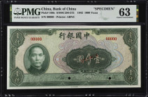 CHINA--REPUBLIC. Bank of China. 1000 Yuan, 1942. P-100s. Specimen. PMG Choice Uncirculated 63.
(S/M#C294-272). Printed by ABNC. Specimen. One of just...
