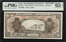 (t) CHINA--MISCELLANEOUS. Asia Banking Corporation. 20 Dollars, 1918. P-Unlisted. Specimen. PMG Gem Uncirculated 65 EPQ.
(S/M#Y35). Printed by ABNC. ...