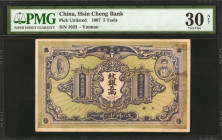 (t) CHINA--MISCELLANEOUS. Hsin Cheng Bank. 5 Taels, 1907. P-Unlisted. PMG Very Fine 30 Net. Restoration, Stains.
Yunnan. No. 1023. An incredibly scar...