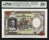 (t) HONG KONG. The Chartered Bank. 500 Dollars, 1961. P-72as. Specimen. PMG Choice About Uncirculated 58 EPQ.
Printed by TDLR. Watermark of woman's h...