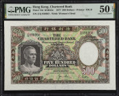 (t) HONG KONG. The Chartered Bank. 500 Dollars, 1977. P-72d. PMG About Uncirculated 50 EPQ.
Printed by TDLR. Watermark of woman's head. January, 1977...