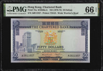 (t) HONG KONG. The Chartered Bank. 50 Dollars, ND (1970-75). P-75a. PMG Gem Uncirculated 66 EPQ.
Printed by TDLR. Watermark of warrior's head. Gem.
...