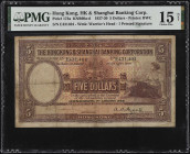 (t) HONG KONG. The Hong Kong & Shanghai Banking Corporation. 5 Dollars, 1927-30. P-173a. PMG Choice Fine 15 Net. Repaired, Reconstructed.
Printed by ...