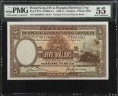 (t) HONG KONG. The Hong Kong & Shanghai Banking Corporation. 5 Dollars, 1940-41. P-173c. PMG About Uncirculated 55.
Printed by BWC. Vertical serial n...